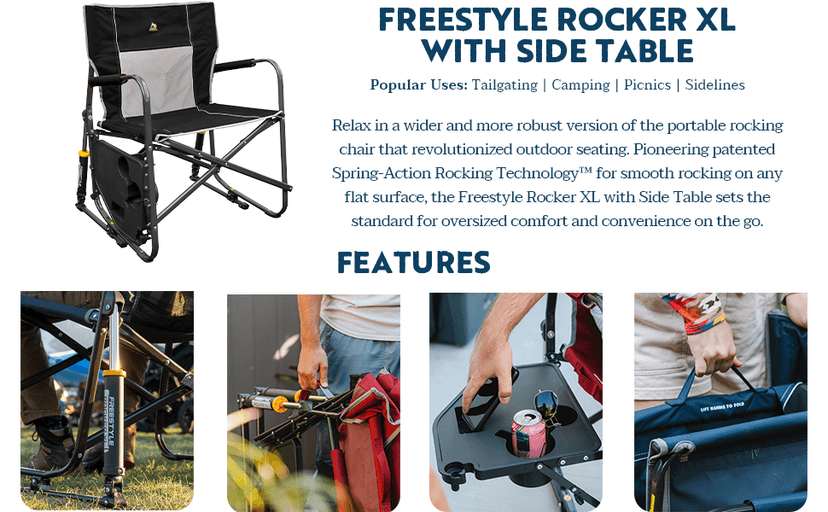 GCI OUTDOOR Freestyle Rocker XL with Side Table Camping Chair | Portable Folding Rocking Chair with Solid, Durable Armrests, Drink Holder & Comfortable Backrest — Red