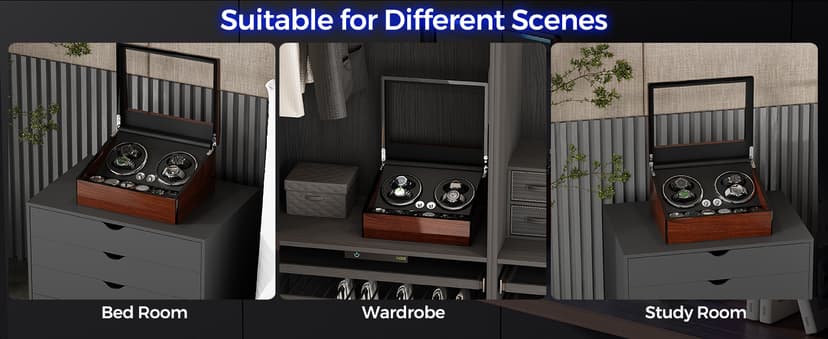 BEWISHOME BEWISHOME Watch Winders for Automatic Watches, Automatic Watch Winder Box Watch Spinner with LED Light, 4 Watch Winder with Quiet Running Motor and 6 Storage Case for Man/Woman's Watches, Brown SYQ01Y