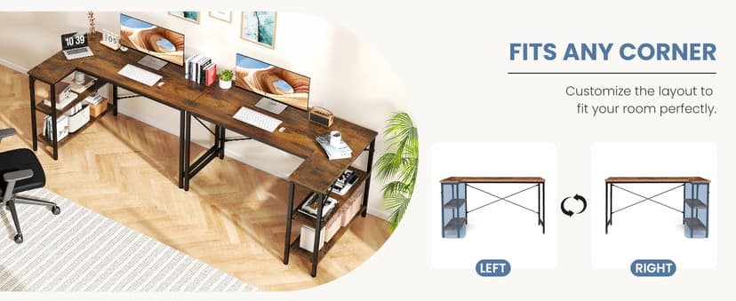 DUMOS L Shaped Desk 47 Inch Computer Desk Gaming Furniture Corner Desks Home Office PC Table with Reversible Storage Shelves for Writing Working Study Bedroom Dorm, Rustic Brown