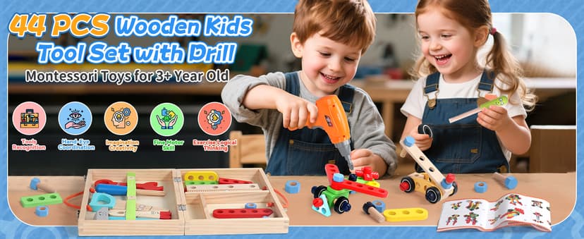 Kids Tool Set with Drill, Educational Montessori Toys for 3 Year Old Boys 44 Pcs STEM Kids Toys Wooden Toddler Tool Set with Apron & Box Christmas Birthday Gifts for 3 4 5 Year Old Boy Girl