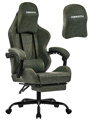 Gaming Chair Big and Tall, Green Leather Video Game Chairs with Footrest, Padded Linkage Armrests & Large Headrest, Ergonomic Computer Chair 350lbs for Adults Gaming or Office Use