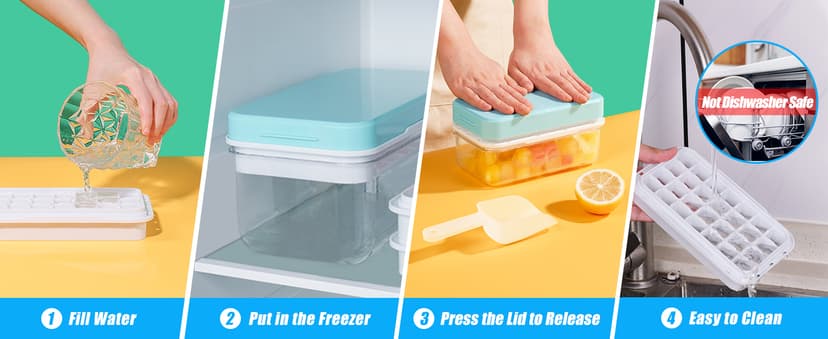 Ice Cube Tray with Lid and Bin, PHINOX 56 pcs Ice Trays for Freezer, Ice Cube Trays for Freezer with 2 trays, Container, Lid & Ice Scoop, BPA Free