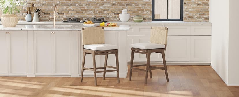 LukeAlon Mid Century Linen Counter Stools Set of 3, Upholstered 26.5" Seat Height Low Barstools with Natural Wood Legs Round Low Back Kitchen Stools with Footrest for Dining Room, Beige