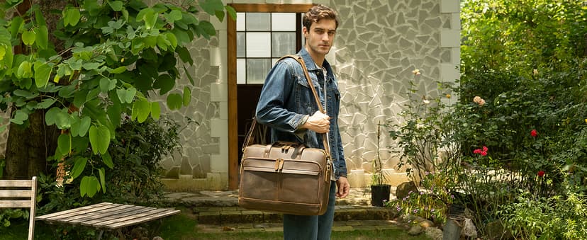 Masa Kawa Leather Briefcase for Men 17/15.6" Laptop Crossbody Shoulder Messenger Bag Business Travel Work Attache Case