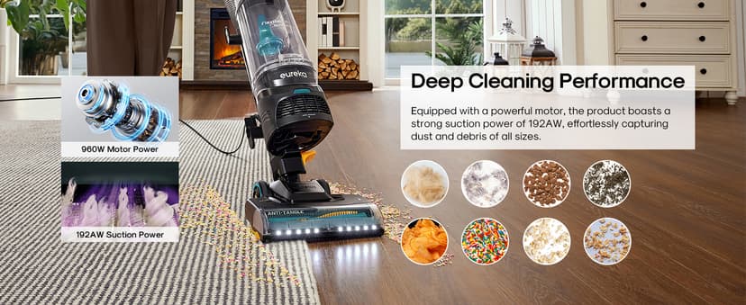 Eureka FlexReach Plus Bagless Upright Vacuum Cleaner for Home,Pet Vacuum for Carpet and Hard Floor, Lift-Up Vacuum with Flooring Type Sensor, HEPA Filter,Anti-Tangle, NEU652, Green