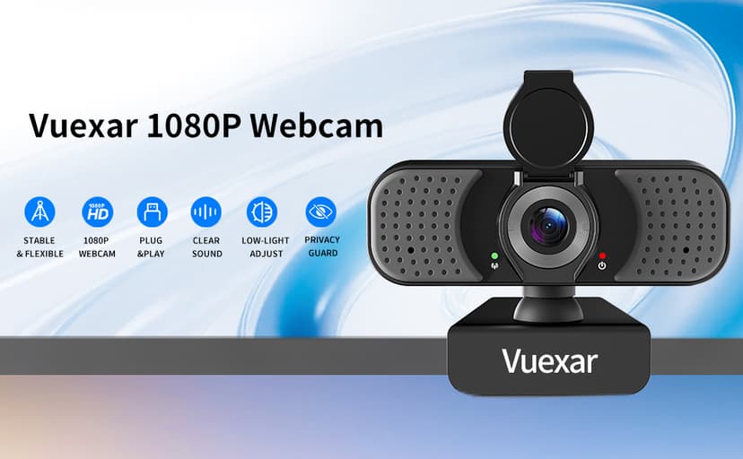Vuexar Full HD 1080P Webcam with Microphone, Noise-Canceling, Privacy Cover, Wide-Angle Lens, Auto Light Correction, Plug & Play USB Web Camera for Laptop, Desktop, PC, Mac, Zoom, Skype – Pro Series