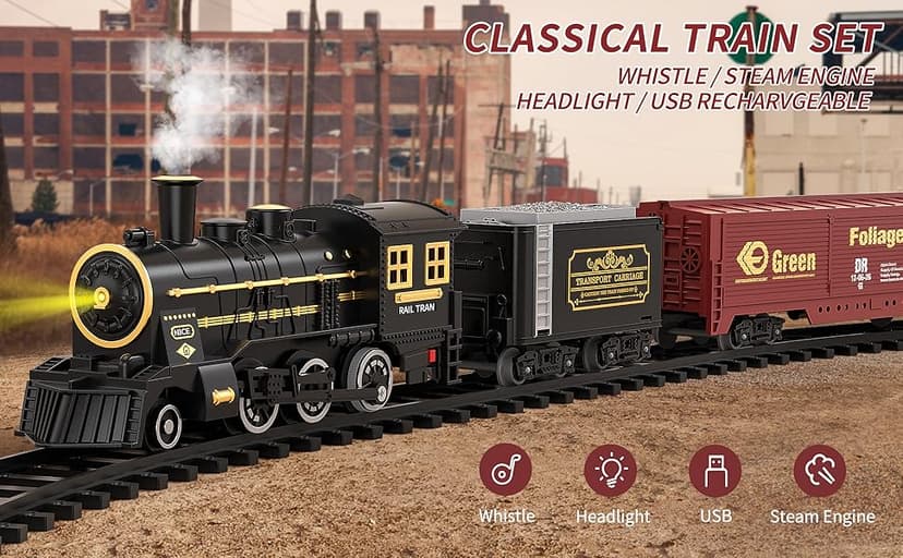 TEMI Steam Train Toy Set for Boys 3 4 5 6 7 Years, with Sounds & Light, Electric Classical Engine Locomotive for Kids, Rechargeable Model Train Kit for Christmas Tree, Cargo Car Railway Tracks
