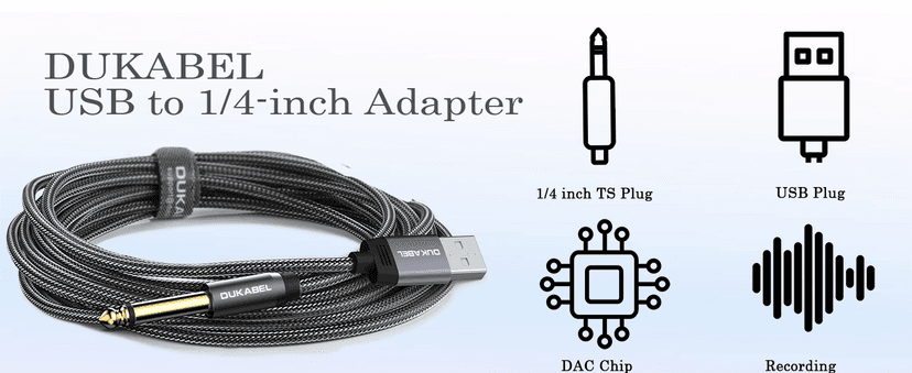 DUKABEL USB Guitar Cable, USB-A to 1/4 TS Cord for Guitar Recording, 8Feet/2.4Meter Instrument Mono Cord for Bass, Mixer, PC, Laptop(Donot Work with RockSmith)