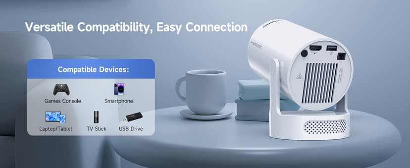 Mini Projector 4K support with WiFi 6 and Bluetooth 5.4, 5w Soundbase Speaker, Auto Vertical Keystone 180°Rotatable Portable Proyector for Home Bedroom Outdoor HY300Pro+