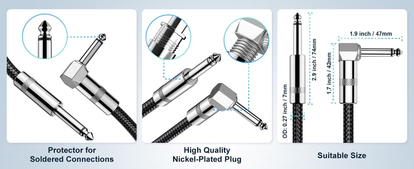 New Bee Guitar Cable 10ft Electric Instrument Bass AMP Cord for Electric Mandolin, Pro Audio (Right Angle to Straight, Black)