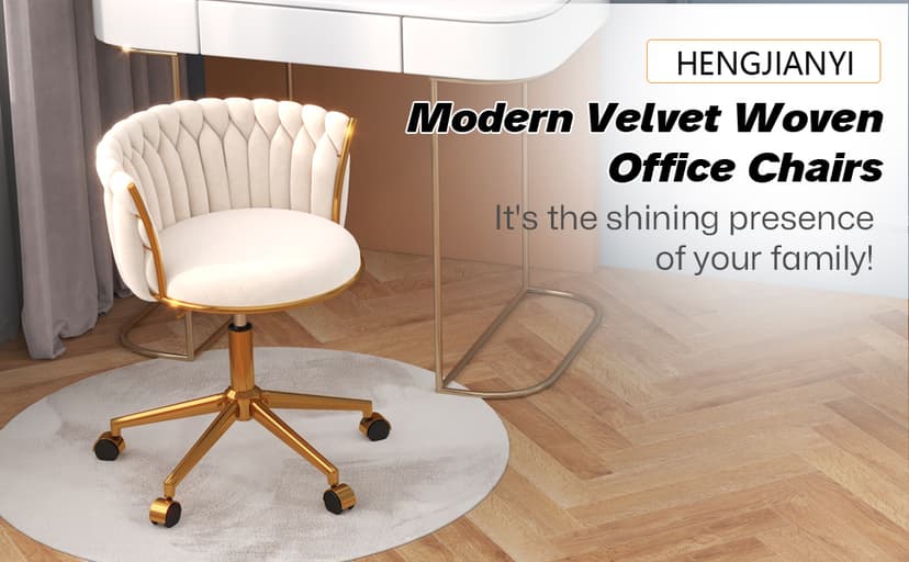 HENGJIANYI Velvet Woven Home Office Chair, Modern Swivel Desk Chair with Wheels, Height Adjustable Vanity Chair with Gold Metal Base and Hand Weaving Back, Beige