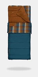 Kelty Wayback Flannel Lined Sleeping Bag, Built in Blanket, Traditional Rectangle Shape, Organic Flannel Cotton Liner, Dual Locking Slide Zips
