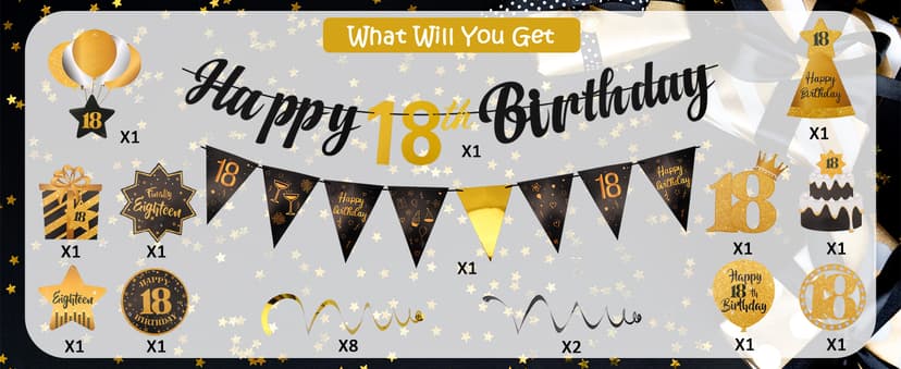 Black & Gold 18th Birthday Banner with 10PCS Swirls - Happy 18th Birthday Decorations for Boys & Girls