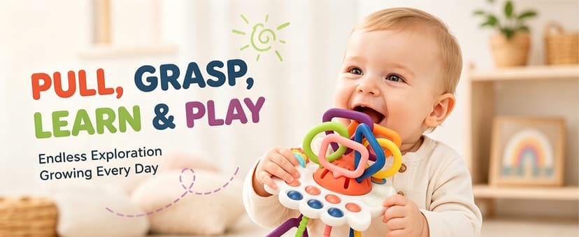 Silicone Teething and Car activities, Baby Shower Gifts for Infant 6-12 Months, 1 Year Old Boy and Girl Montessori Pull String Sensory Toy for Toddlers B0GZ3TLLZM