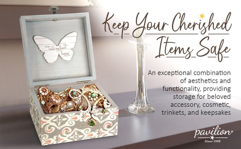 Pavilion 'Simple Spirits Butterfly' 41102 - Wooden Hinged Keepsake Box with Patterned Design and Printed Message for Friends and Loved Ones, Storage for Cosmetic, Trinkets, and Jewelry