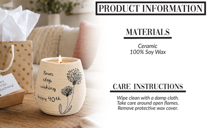 Pavilion Gift Company Never Stop Wishing Happy 40th Birthday - 8 oz Soy Wax Candle with Wick in A Yellow Ceramic Vessel 8 oz-100 Scent: Serenity, 3.5 Inch Tall