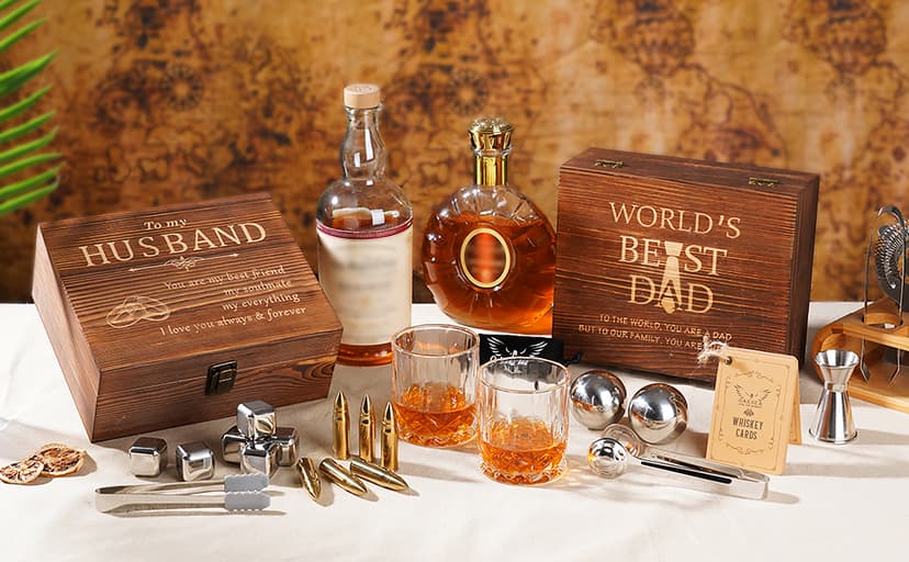 Anniversary Oaksea Gifts for Men Him Husband, Stainless Steel Engraved Whiskey Stones Glasses Set Gift, Gift for Birthday Wedding for Boyfriend Fiance, Cool Burbon Scotch Set Gifts