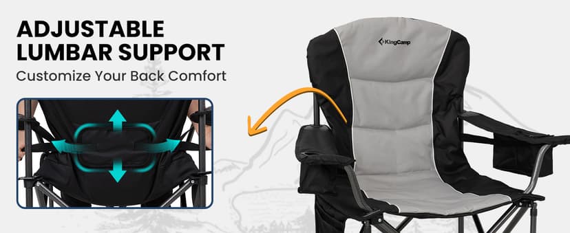 KingCamp Oversized Camping Chair with Adjustable Lumbar Support, 550lbs Heavy Duty Padded Folding Lawn Chair for Adults, Outdoor Armchair with Cooler Bag, Cup Holder & Side Pocket for Fishing, Travel