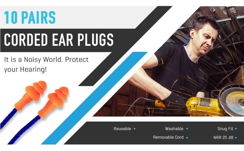 10 Pair Corded Reusable Ear Plugs for Shooting Range Ear Protection for Gun Range - Hunting Ear Plugs for Construction Firearm Ear Protection Shooting Gun Hearing Protection Earplugs Corded