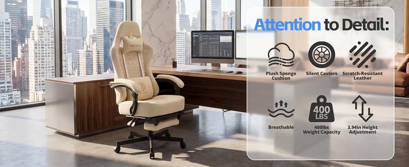 Gaming Chair Breathable Leather with Pocket Spring Cushion, Wide and High Ergonomic Office Chair with Headrest, Computer Gaming Chair with Footrest for Adult and Teen (Beige Leather)