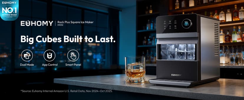 EUHOMY 2'' Clear Ice Cube Maker Countertop with APP, 2 Square Ice Ready in 27 Mins for Whiskey, Slow-Melting & Self-Cleaning, 110 Pcs/Day, 24H Timer, Clear Ice Maker with Ice Tong for Home/Bar/Party