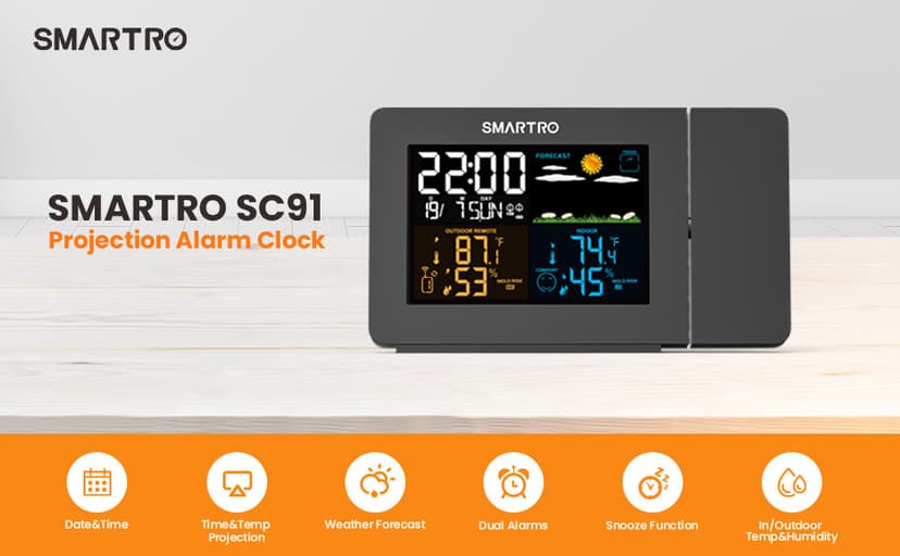 SMARTRO SC91 Projection Alarm Clock for Bedrooms with Weather Station, Wireless Indoor Outdoor Thermometer, Temperature Humidity Monitor Gauge Hygrometer