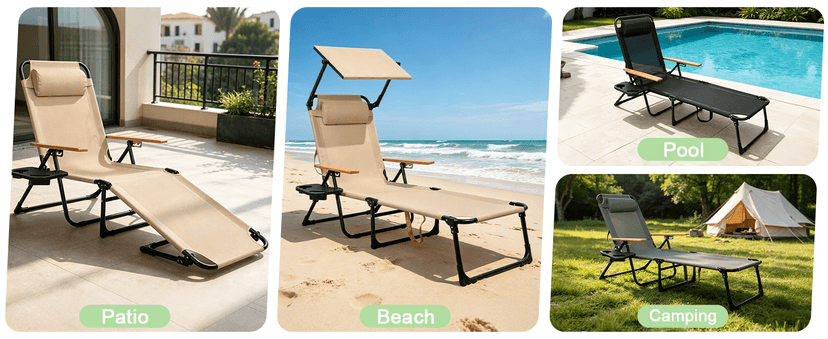 Folding Lounge Chair with Canopy, Tanning Chair with 4-Position Reclining Back, Folding Sun Lounger, Outdoor Lounge Chair for Beach, Poolside, Backyard, Camping, UPF 50+ Sun Shade, 300 LBS