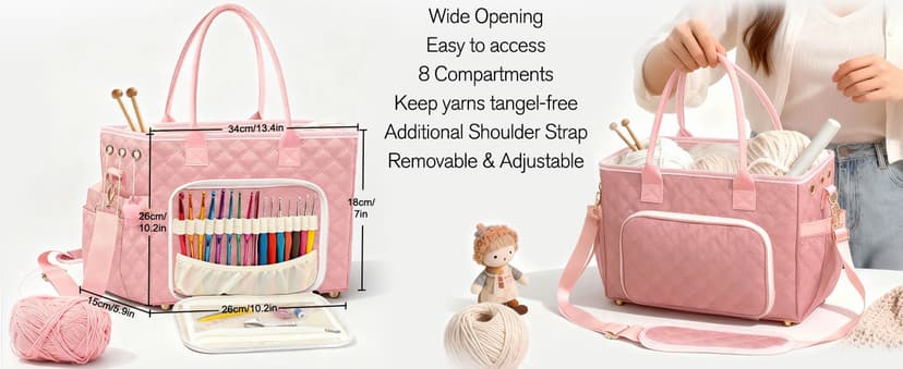 Crochet Bag Yarn Storage, Large Knitting Tote with Padded Crochet Hook Organizer, Tote with Multiple Compartments for Crochet Lovers, Knitting Accessories, Mother's Day Gift