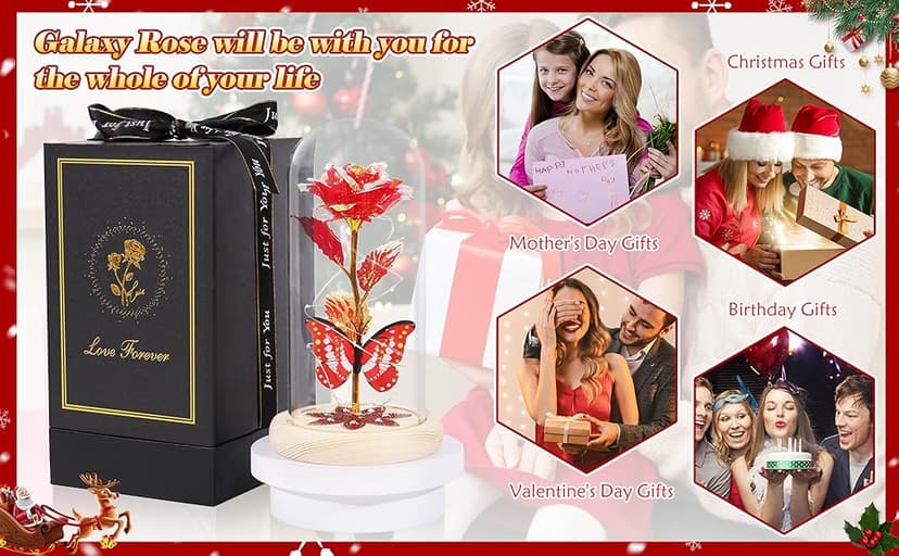 Beferr Christmas Rose Gifts for Women Mom Birthday Gifts, Galaxy Glass Rose Forever Preserved Flowers for Delivery Prime Light Up Rose in Glass Dome with Butterfly Xmas Gifts for Grandma Her Wife