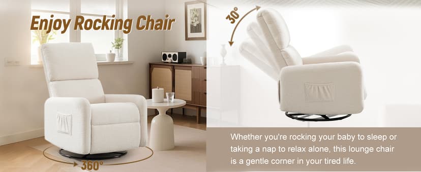 Korser 360° Rocking Chair, Nursery Rocker Chair with Side Pockets, Glider Nursing Chair with Steel Structure Base, Small Chair for Small Spaces, Sherpa Swivel Accent Chairs for Living Room, Nursing