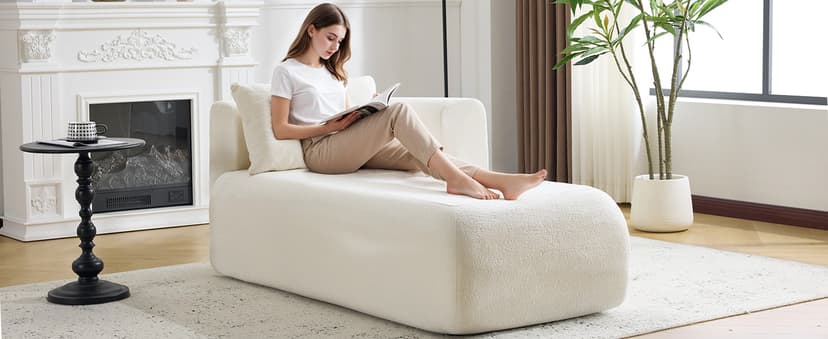 Bezseller Upholstered Chaise Lounge Indoor, Comfy Lounge Boucle Sofa, Modern Leisure Sleeper Sofa with Pillows, Recliner Chair Indoor for Living Room Bedroom Office, Beige