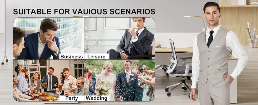 Men's Suit 3 Piece Slim Fit Suit Set, Two Button Solid Jacket Vest Pants with Tie, Men Tuxedo Suit Set