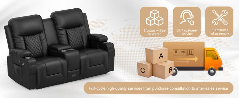 Loveseat Recliner Sofa, Home Theater Seating with Center Console, Reclining Loveseat RV Couch with USB Ports & Phone Holders, Wall Hugger RV Sofa Furniture with Storage & Pocket