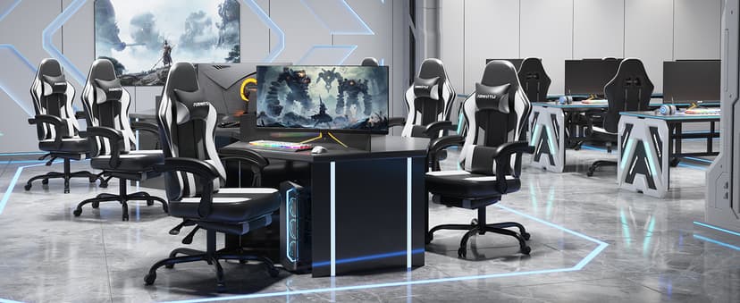 Gaming Chair with Footrest, Reclining Video Game Chairs for Adults with Lumbar Support, Linkage Armrests, Ergonomic Computer Chair for Gaming or Office, PU Black-White