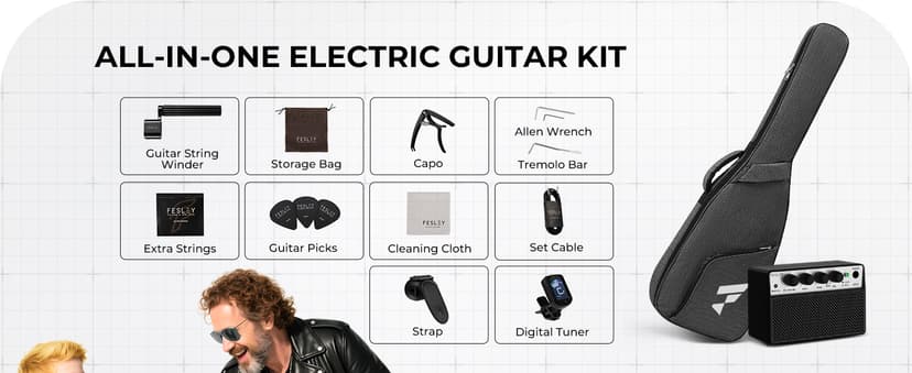 Fesley Left-Handed Electric Guitar: 39" Full Size Beginner Electric Guitar Kit, HSS Pickup, Solid Body Guitar Starter Set with Amplifier, Bag, Strap, String, Cable, FST100L, Black