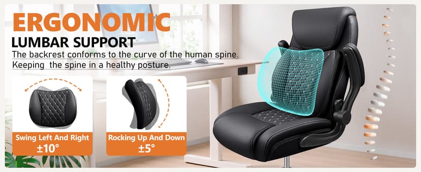 BESTFAIR Office Chair, Ergonomic Computer Desk Chairs with Lumbar Support for Lower Back Pain Relief, Executive Leather Home Chair Comfy with Padded Flip-up Armrests, Black