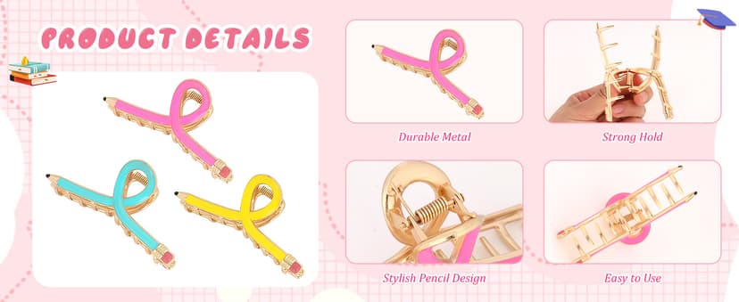 Back to School Jaw Barrettes Cute Teacher Appreciation Gift Accessories Party Costume Christmas YARIEW Pencil Hair Claw Clips for Women Thick Hair Clips for Teacher Gifts B0DSB6GNKS