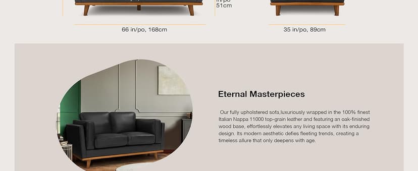 Valencia Artisan Full Leather Loveseat Sofa 66”| Pure Full Italian Nappa Leather Couch, Solid Wood Accent, Ultimate Comfort, Black