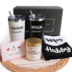 Engagement Gifts for Couples Women, Cool Wine Engaged Tumbler Gift Set Newly Presents for his and her him Fiance Fiancee Friend, Girlfriend Boyfriend Ideas with Straws, Socks, Candle & Greeting Card