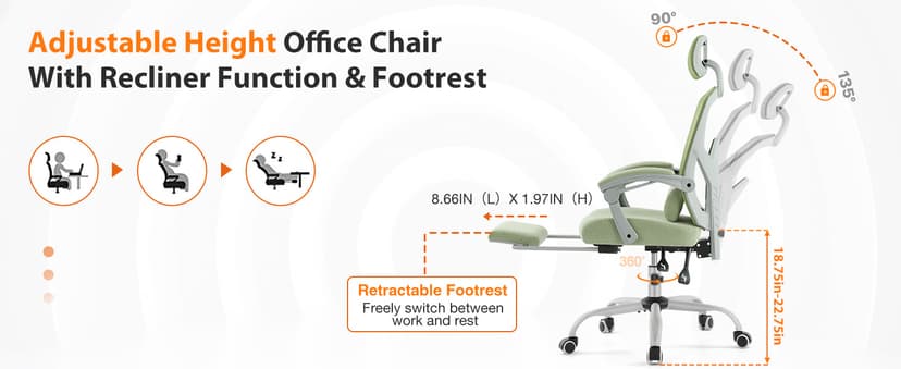 Sweetcrispy Office Computer Desk Chair, Ergonomic High-Back Mesh Rolling Work Swivel Chairs with Wheels, Comfortable Lumbar Support, Comfy Arms for Home, Bedroom, Study, Student, Green