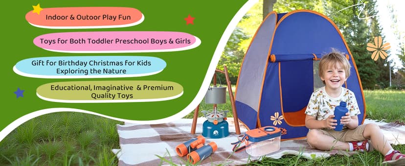 Pop-up tent, campfire, lantern, binoculars and camping gear for realistic pretend adventures indoors or outdoors Meland Camping Play Set for Child 3-6, Pretend Adventure Toy Gift B094XXBT8Z