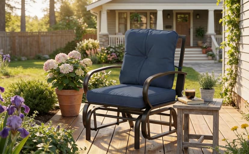 Outsunny Patio Glider, Outdoor Glider Chair with Cushions, Steel Frame, Curved Armrests, Single Gliding Chair for Yard, Porch, Garden, Poolside, Dark Blue