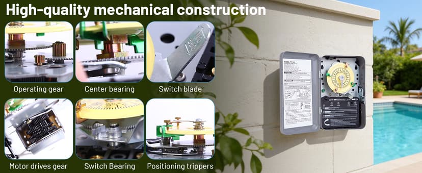 T104M Mechanical Time Switch (Mechanism Only), 208-277V AC 40A DPST, 24-Hour Dial with 12 ON/Off Trips, Heavy-Duty Timer Switch for Pool Pumps Water Heater Lighting and HVAC, with 4 Timer Trippers