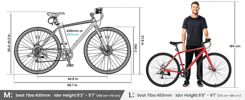 MOONCOOL Hybrid Bike for Men, 700C Aluminum 29LBS Ultra-Light 8-Speed Commuter Bike, 350lb Capacity, 29" Adult Urban Bicycle, Dual Disc Brakes, for Tall Men&Women, 85% Pre-Assembled