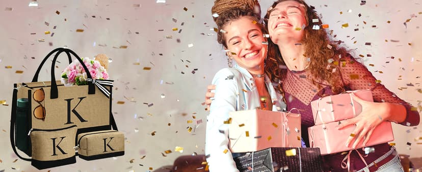 YOOLIFE Christmas Gifts for Women - Initial Jute Tote Bag & 2 Makeup Bags Personalized Gifts for Women Teacher Mom Friend