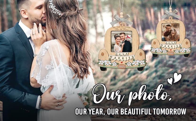 Just Married Personalized Christmas Ornaments - Wedding Gifts for Couples 2025, Bridal Shower Gift for Bride, Custom Wooden Ornaments with Picture, Newly Wed Gifts for The Couple Mr and Mrs Engagement