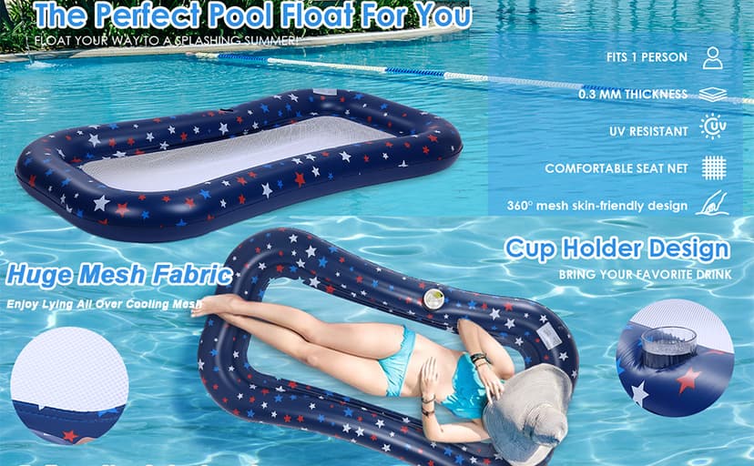 Pool Float Lounge Extra-Large Cooling Mesh Inflatable Raft with Cup Holder Ultra-Comfort Cooling Floating Lounger for Adults Beach Pool Lake Parties Summer Relaxation Essential