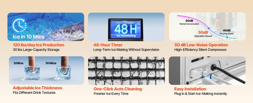 VEVOR Commercial Ice Maker Machine, 120 lbs/24H Ice Production, 33 lbs Storage Bin, 45 Cubes per Cycle, Stainless Steel Under Counter & Freestanding Ice Maker with LED Display, for Home Bar Restaurant