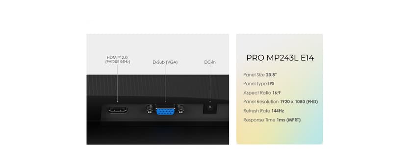 msi PRO MP243L E14 24-inch IPS 1920 x 1080 (FHD) Gaming Office Monitor, 144Hz, Adaptive-Synch, HDR Ready, HDMI, VGA Port,VESA Mountable, Tilt, 4-Side Slim Bezel,1ms, Black