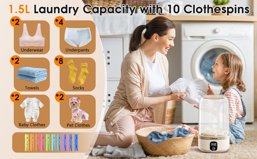 Portable Washing Machine, 7000mAh Rechargeable Wireless Washer with 10 PCS Clothespins Deep Cleans Baby Clothes Underwear Socks Delicates 1.5L Mini Washer for Travel Camping Dorm RV Apartment (Khaki)